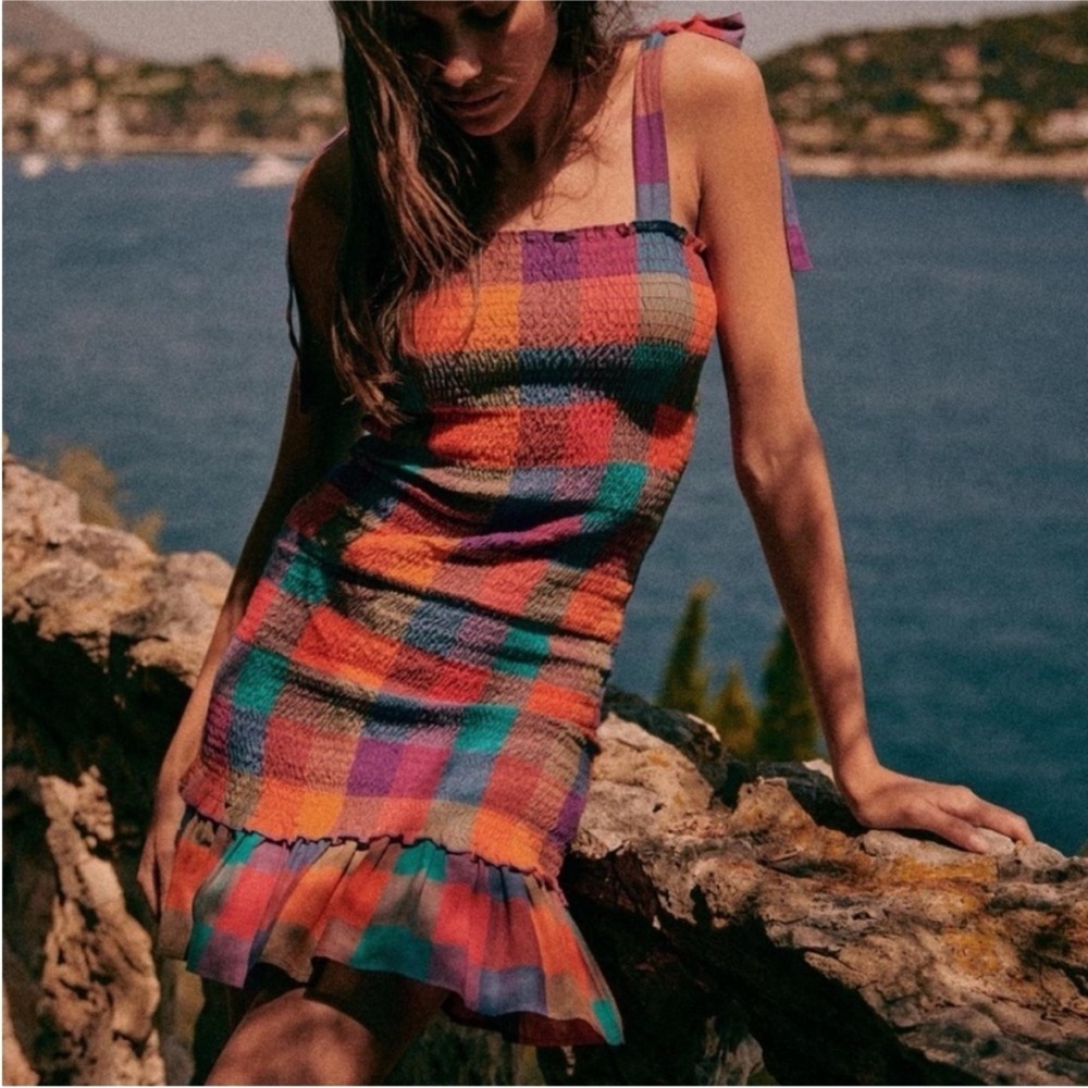 Sezane Robe Colorful Plaid Smocked Mini Dress sz: XS Tie Straps Ruffle Hem